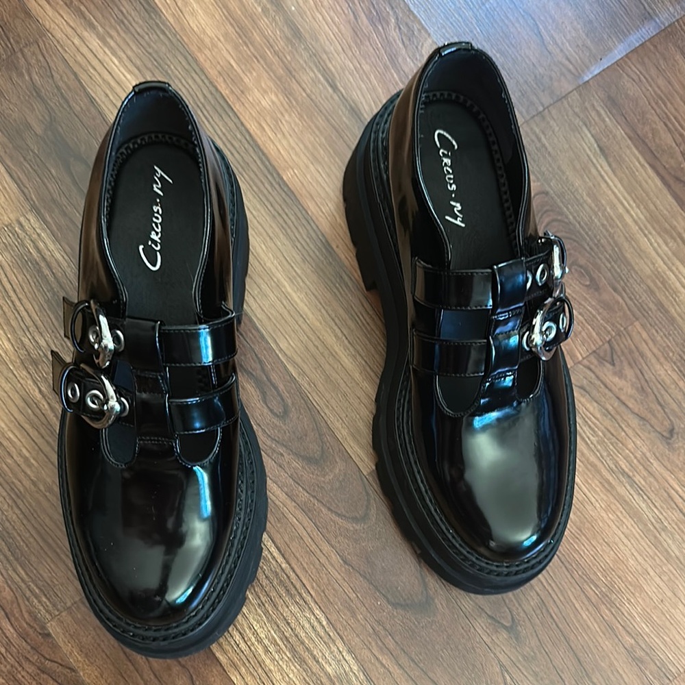 Black Patent Leather Loafers with Buckle Detail